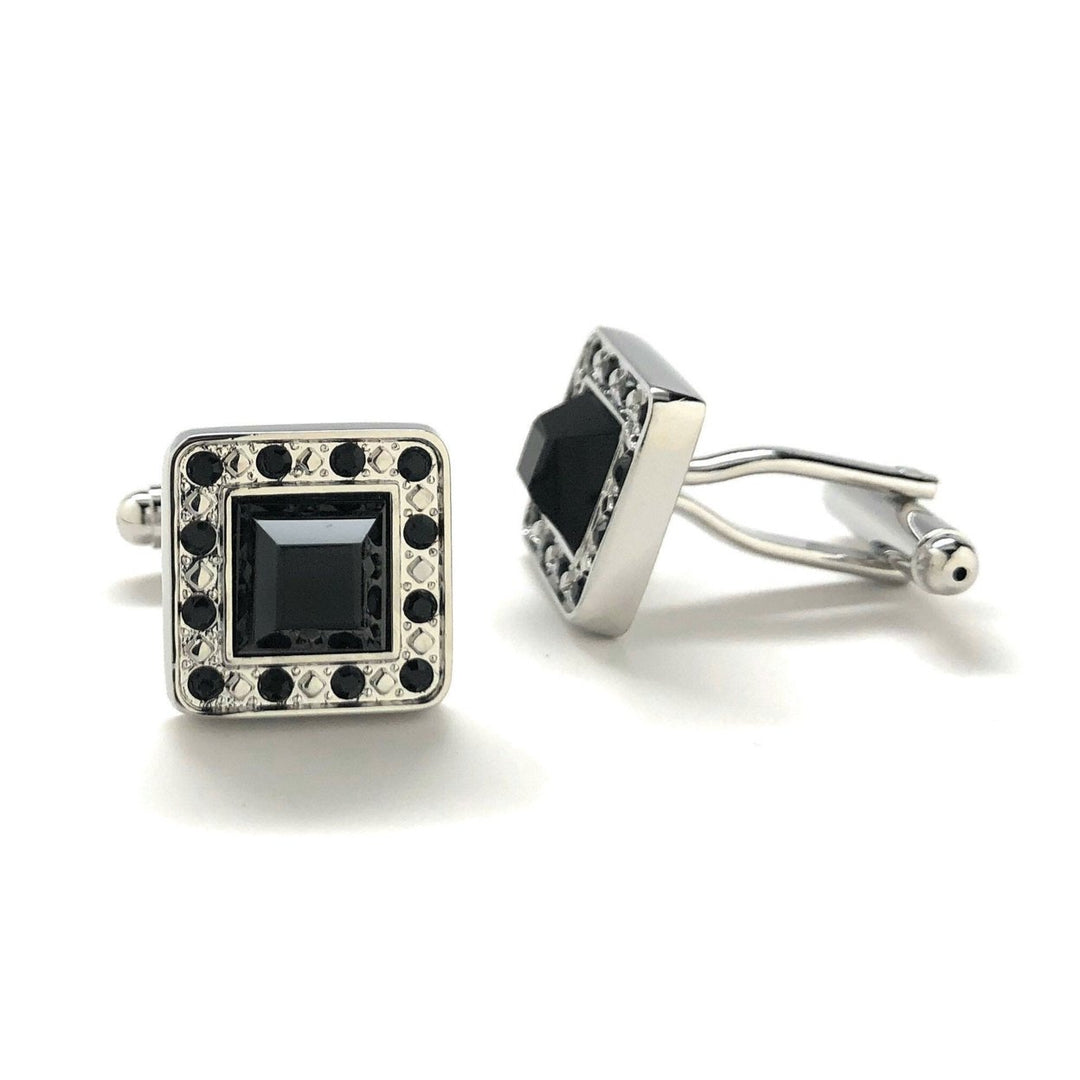 Mens Cufflinks Black Agate Cut Design Silver Tone Band with Sea Of Black Crystals Border Cuff Links Comes with Gift Box Image 2