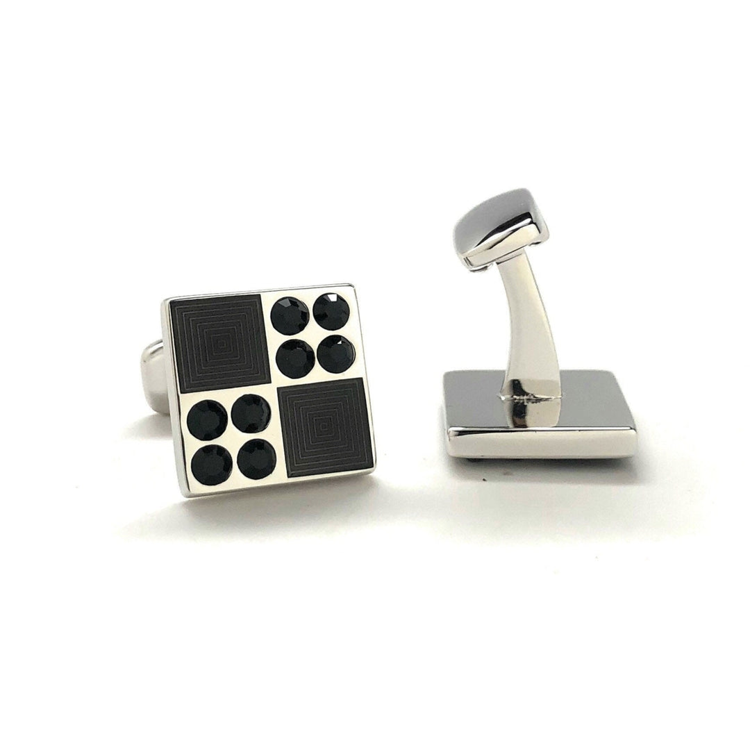 Mens Cufflinks Black Crystals Checkered Design Square Pattern Design Silver Tone Border Cuff Links Whale Tail Backing Image 3