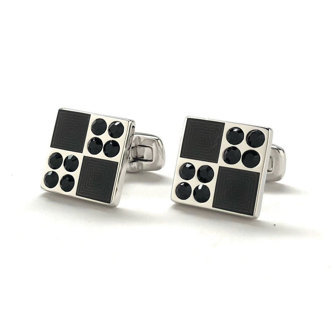 Mens Cufflinks Black Crystals Checkered Design Square Pattern Design Silver Tone Border Cuff Links Whale Tail Backing Image 4
