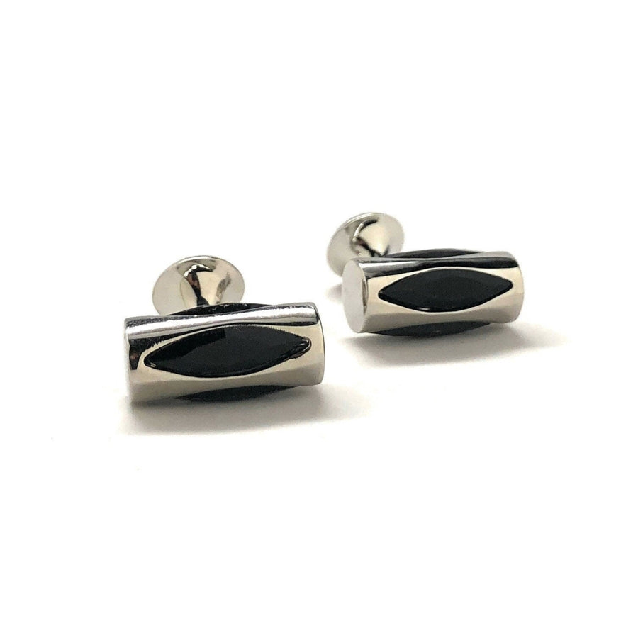 Mens Cufflinks Black Agate Tumbler Design Silver Tone Cylinder Cuff Links Comes with Gift Box Image 1