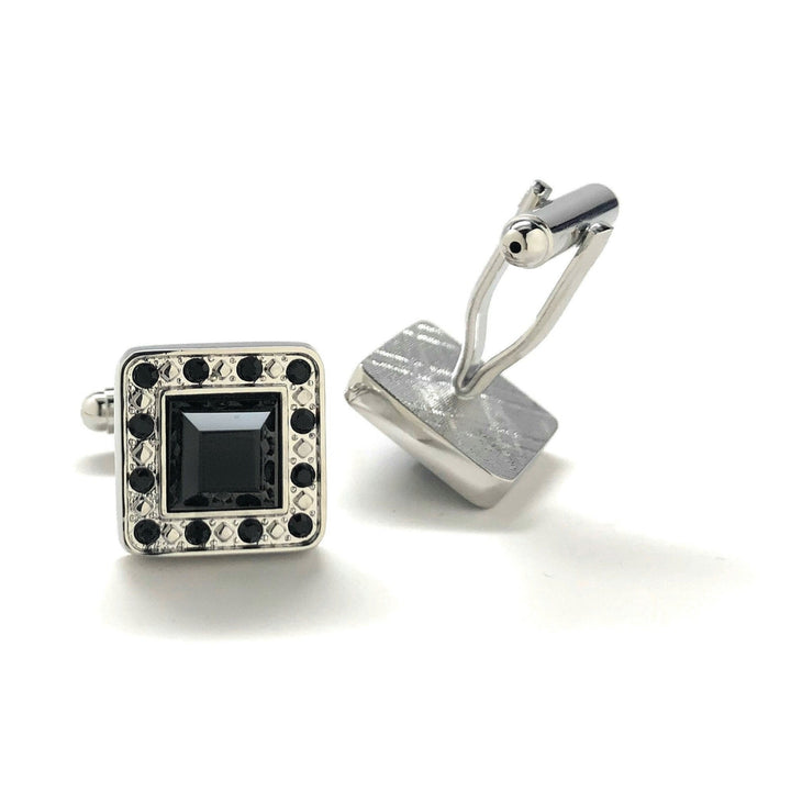 Mens Cufflinks Black Agate Cut Design Silver Tone Band with Sea Of Black Crystals Border Cuff Links Comes with Gift Box Image 3