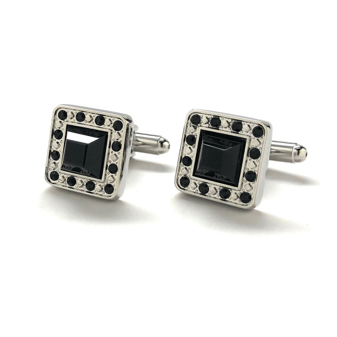 Mens Cufflinks Black Agate Cut Design Silver Tone Band with Sea Of Black Crystals Border Cuff Links Comes with Gift Box Image 4
