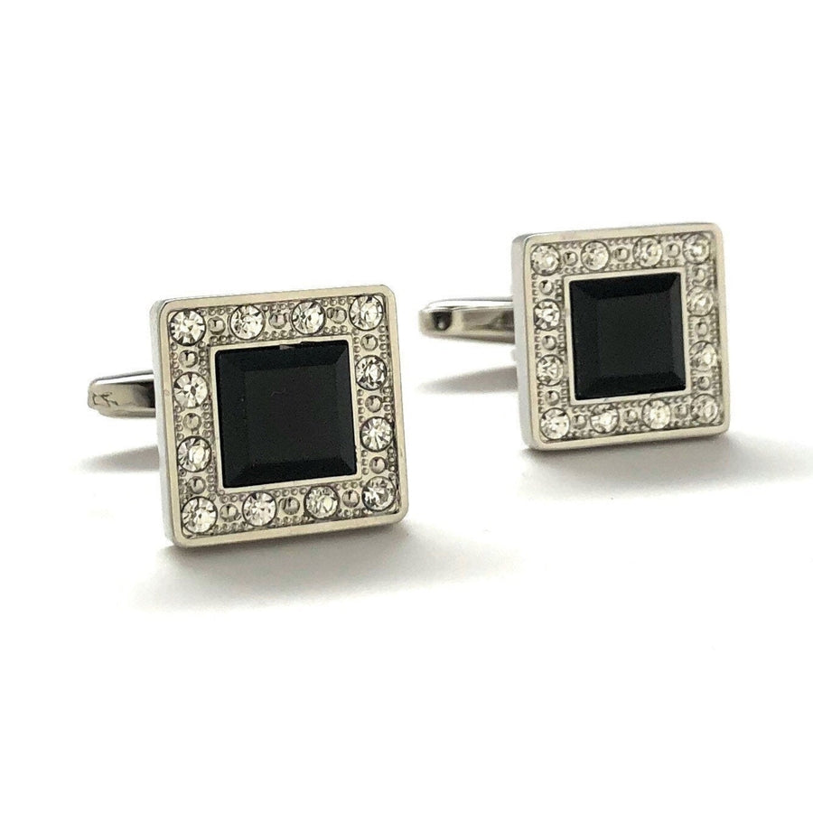 Mens Cufflinks Black Agate Cut Design Silver Tone Band with Sea Of Crystals Border Cuff Links Comes with Gift Box Image 1