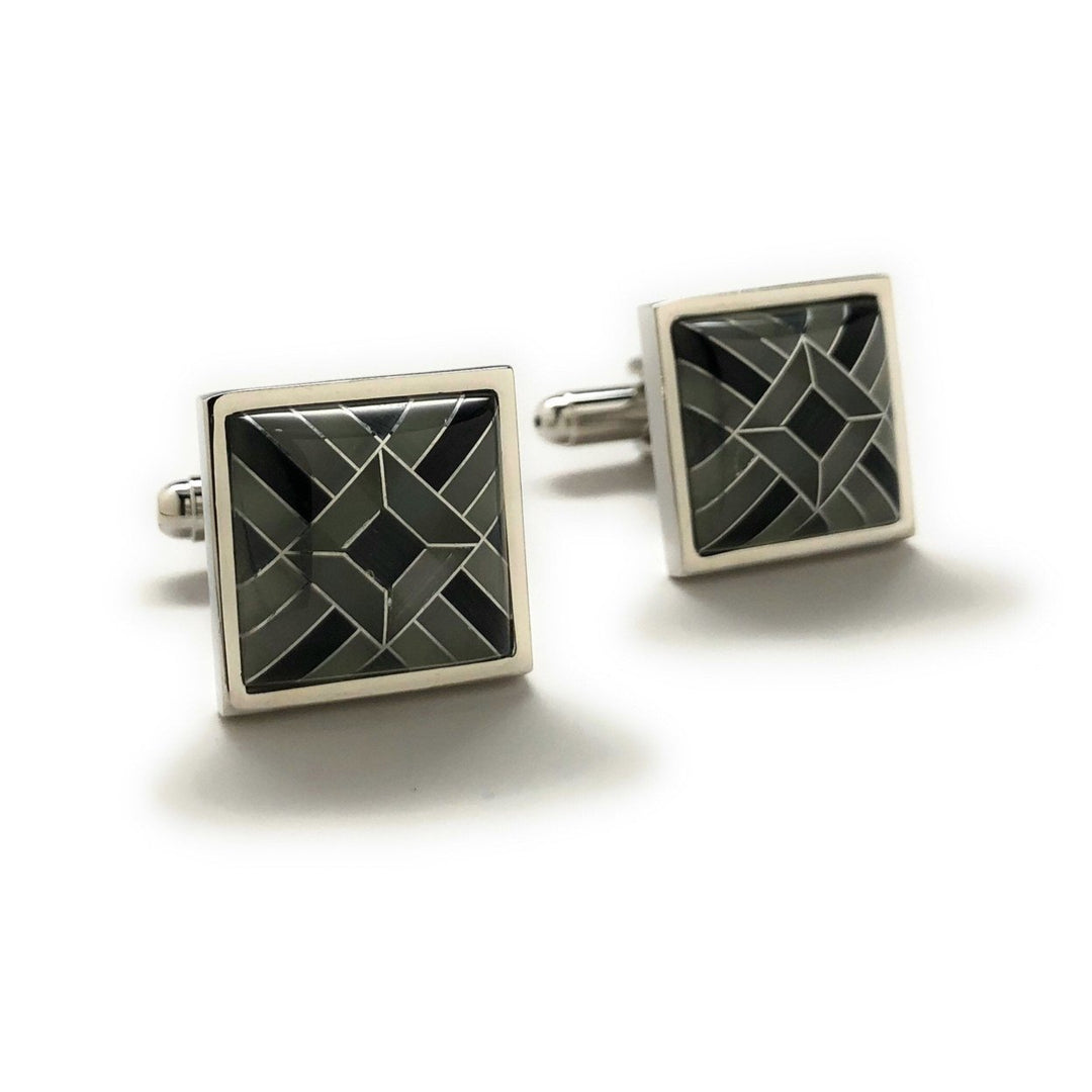 Mens Cufflinks Shades of Onyx Banded Design Silver Bands Special Cut Cuff Links Comes with Gift Box Image 1