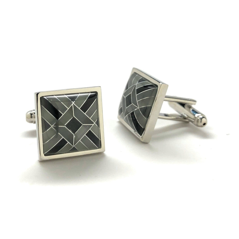 Mens Cufflinks Shades of Onyx Banded Design Silver Bands Special Cut Cuff Links Comes with Gift Box Image 2