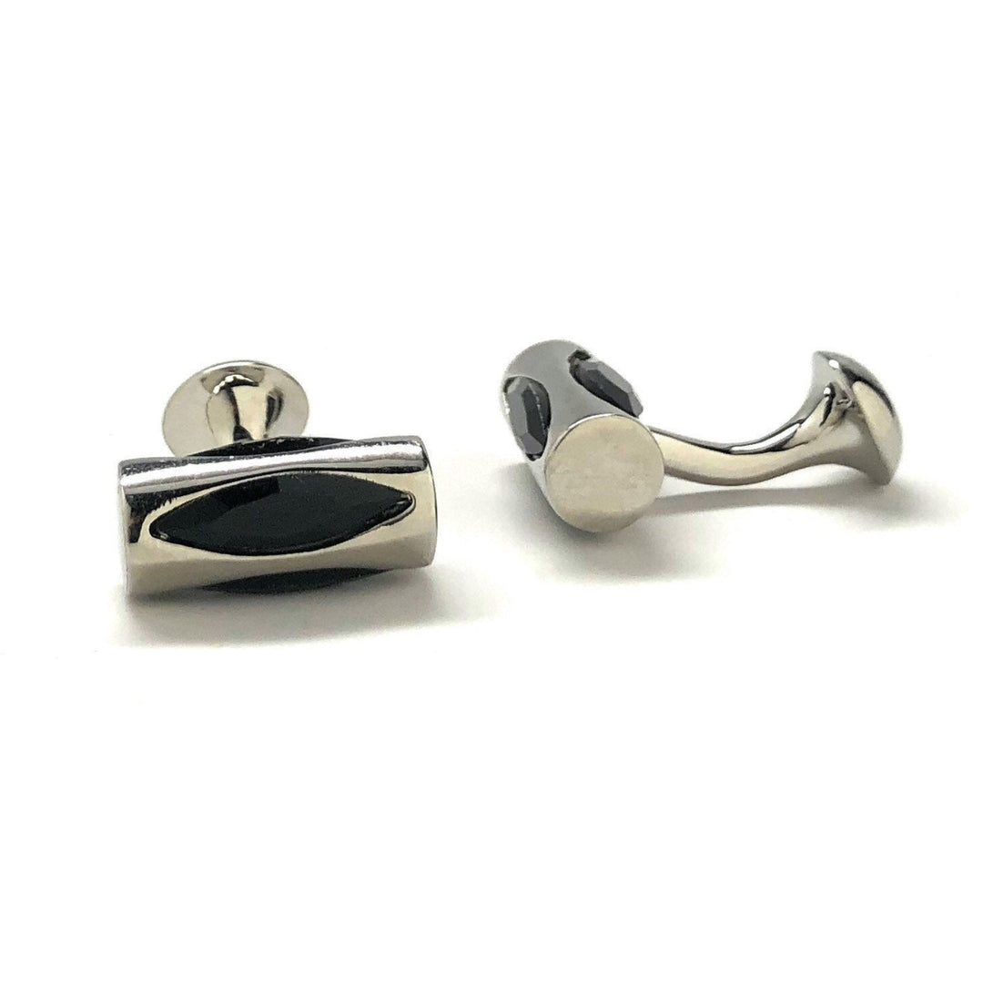 Mens Cufflinks Black Agate Tumbler Design Silver Tone Cylinder Cuff Links Comes with Gift Box Image 2