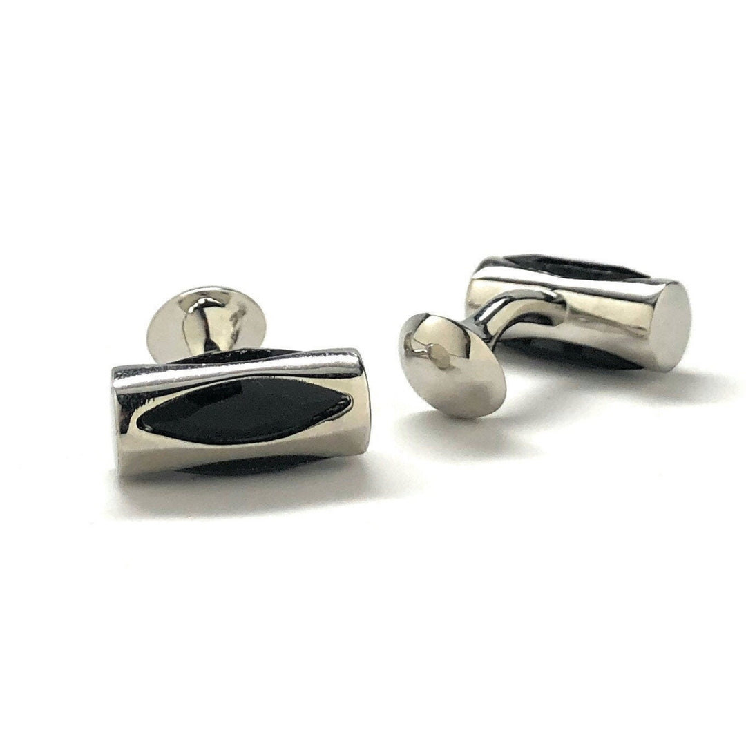 Mens Cufflinks Black Agate Tumbler Design Silver Tone Cylinder Cuff Links Comes with Gift Box Image 3