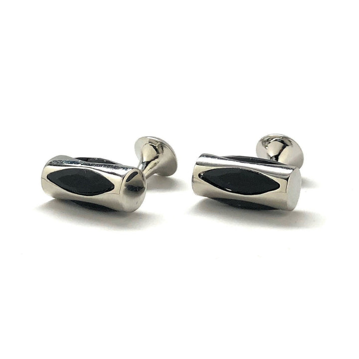 Mens Cufflinks Black Agate Tumbler Design Silver Tone Cylinder Cuff Links Comes with Gift Box Image 4