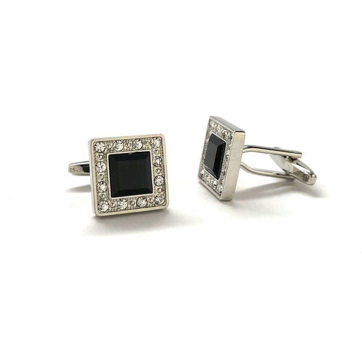 Mens Cufflinks Black Agate Cut Design Silver Tone Band with Sea Of Crystals Border Cuff Links Comes with Gift Box Image 2
