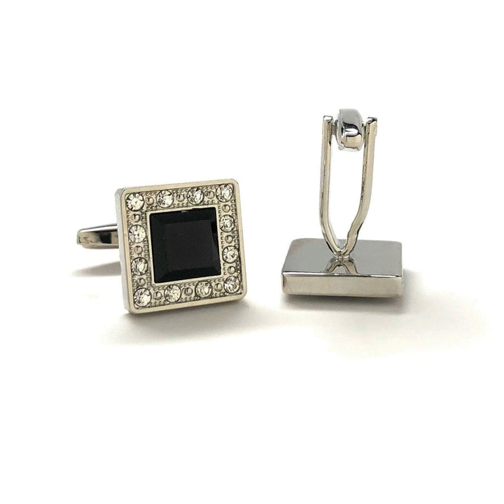 Mens Cufflinks Black Agate Cut Design Silver Tone Band with Sea Of Crystals Border Cuff Links Comes with Gift Box Image 3