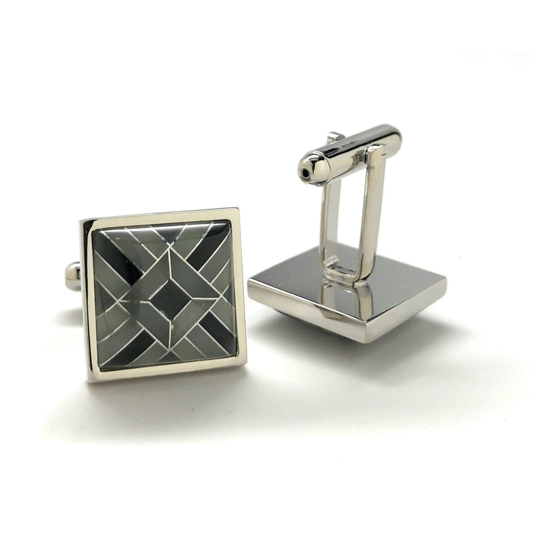 Mens Cufflinks Shades of Onyx Banded Design Silver Bands Special Cut Cuff Links Comes with Gift Box Image 3