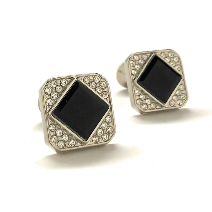 Mens Cufflinks Black Agate Triangle Cluster Crystal Shaped Designer Cut Silver Straight Curved Post Cuff Links Comes Image 1