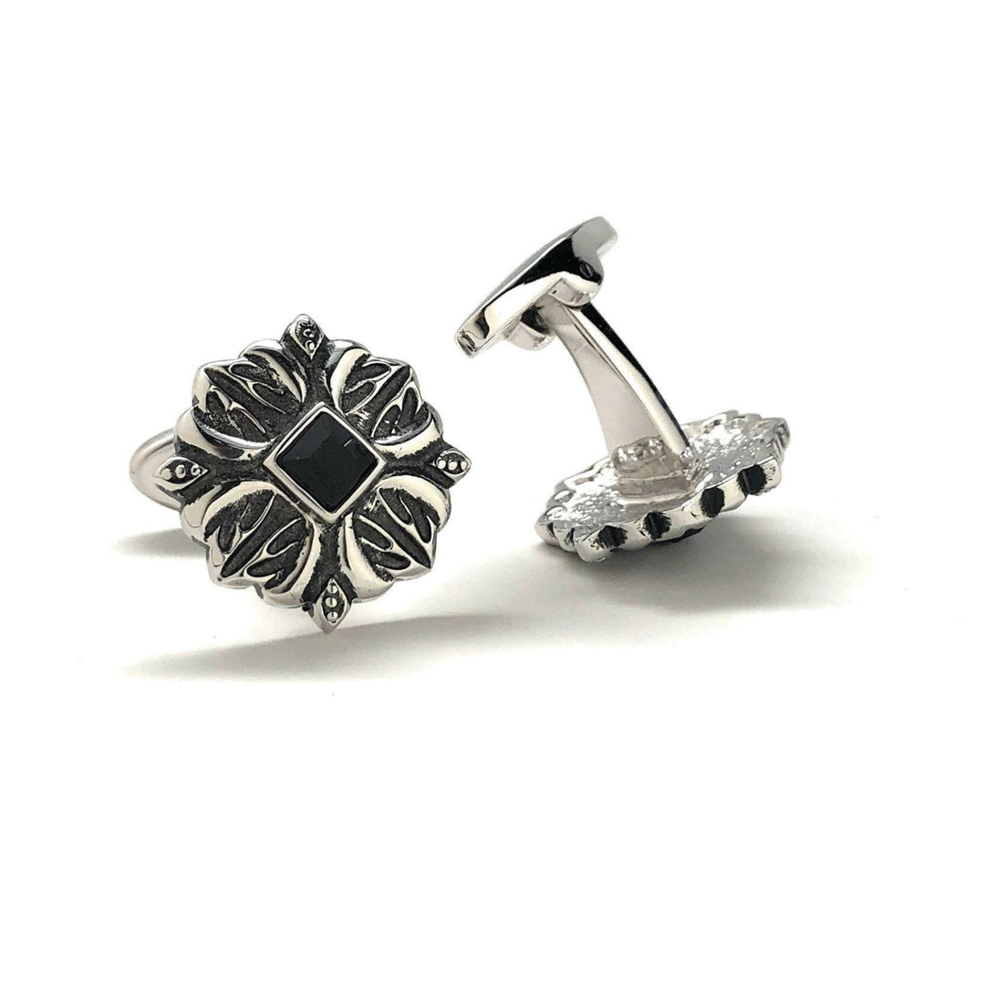 Mens Cufflinks Black Agate Diamond Cut Ornate Design Silver Tone Designer Hand Crafted Cuff Links Comes with Gift Box Image 3