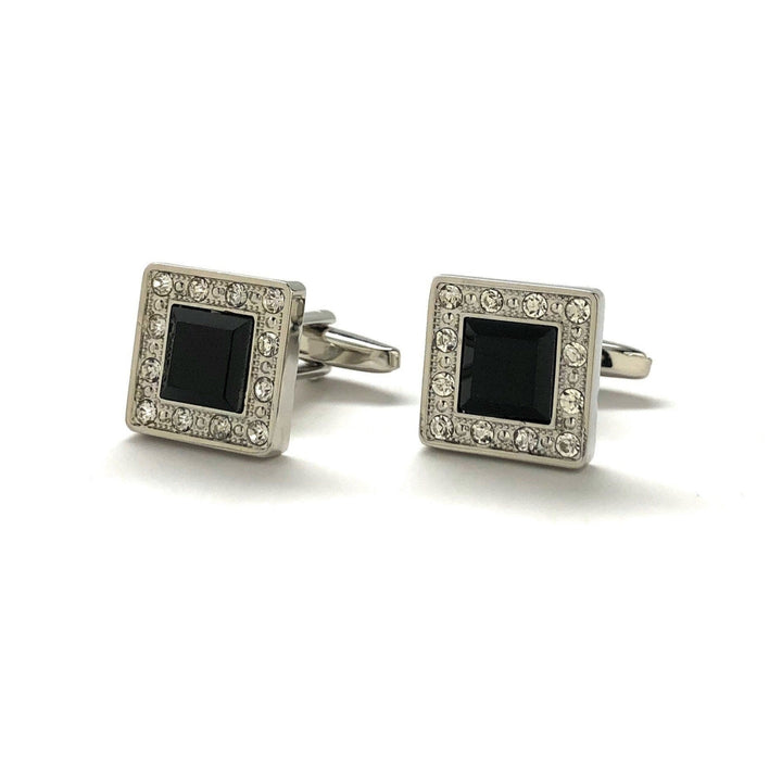 Mens Cufflinks Black Agate Cut Design Silver Tone Band with Sea Of Crystals Border Cuff Links Comes with Gift Box Image 4