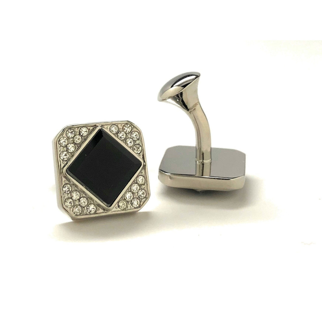 Mens Cufflinks Black Agate Triangle Cluster Crystal Shaped Designer Cut Silver Straight Curved Post Cuff Links Comes Image 3
