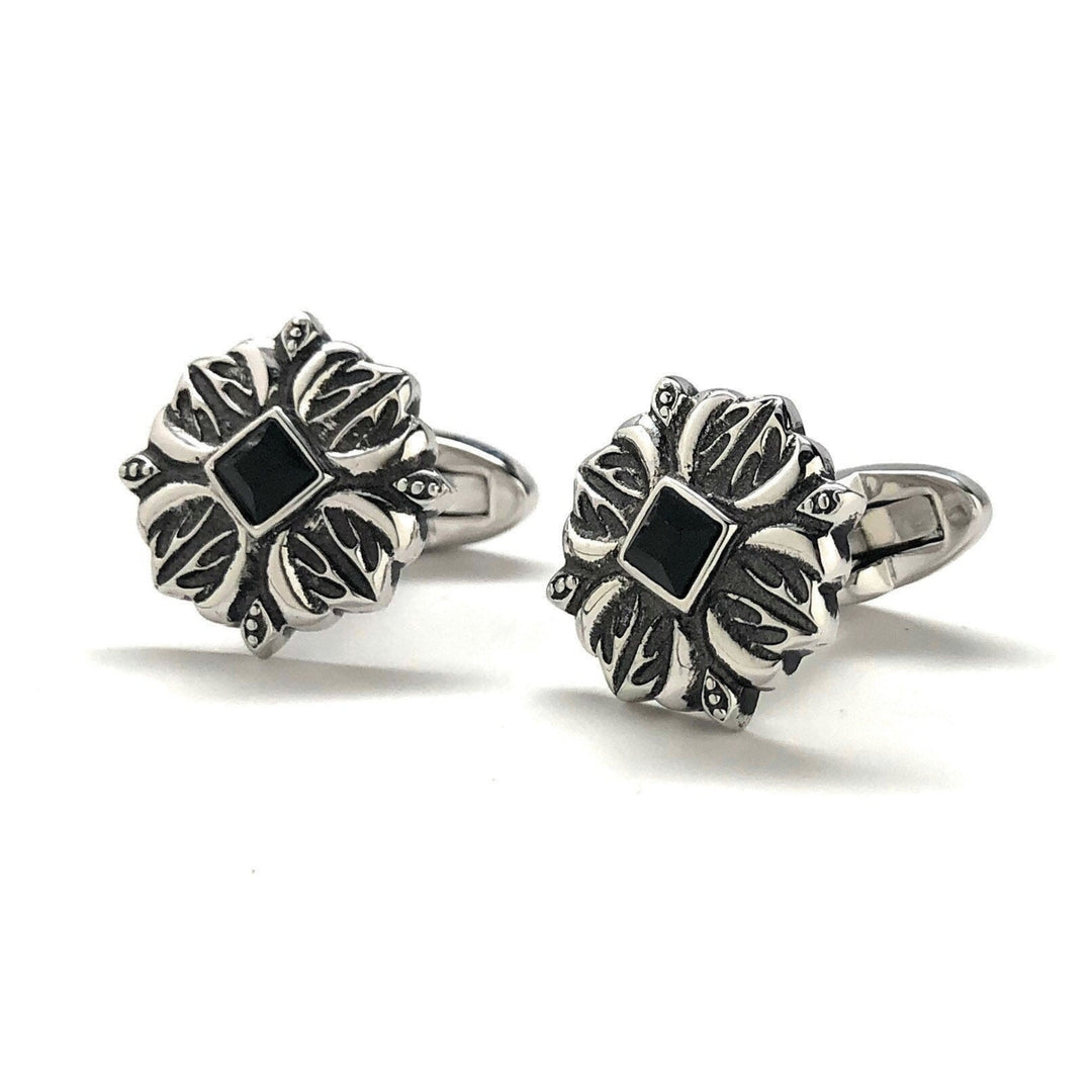 Mens Cufflinks Black Agate Diamond Cut Ornate Design Silver Tone Designer Hand Crafted Cuff Links Comes with Gift Box Image 4