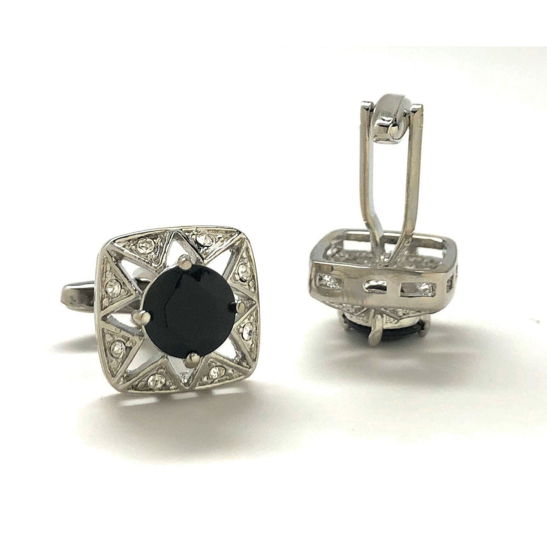 Mens Cufflinks Black Agate Shooting Star Crystal Shaped Designer Cut Silver Cuff Links Comes with Gift Box Image 3