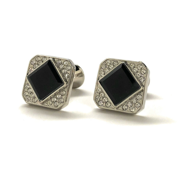 Mens Cufflinks Black Agate Triangle Cluster Crystal Shaped Designer Cut Silver Straight Curved Post Cuff Links Comes Image 4