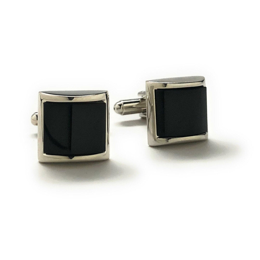 Mens Cufflinks Black Agate Silver Tone Stripe Big Curved Dome Shaped Designer Cut Silver Cuff Links Comes with Gift Box Image 1