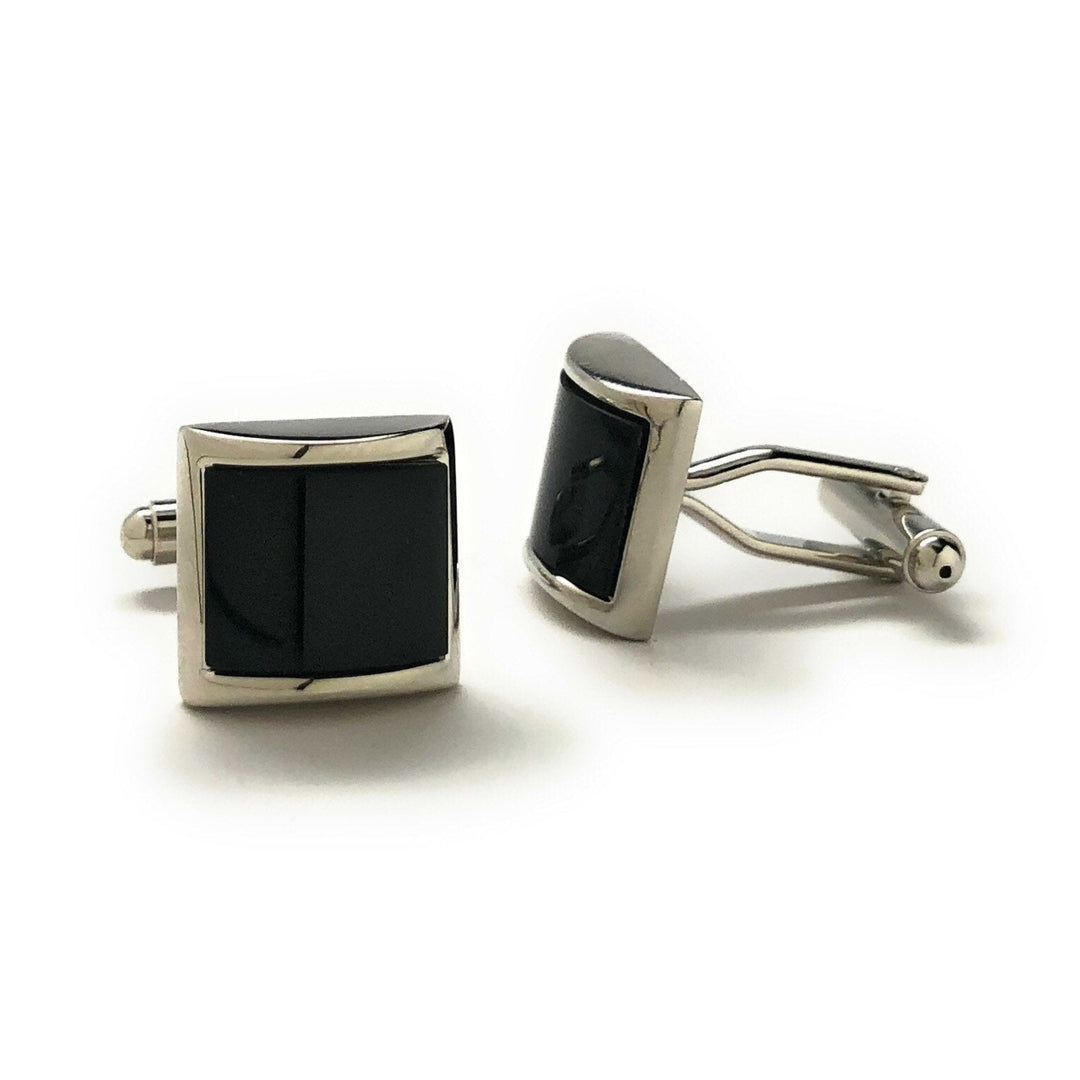 Mens Cufflinks Black Agate Silver Tone Stripe Big Curved Dome Shaped Designer Cut Silver Cuff Links Comes with Gift Box Image 2