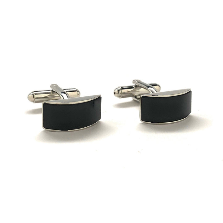 Mens Cufflinks Black Agate Silver Tone Stripe Curved Dome Shaped Designer Cut Silver Cuff Links Comes with Gift Box Image 1