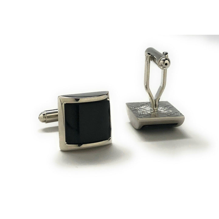 Mens Cufflinks Black Agate Silver Tone Stripe Big Curved Dome Shaped Designer Cut Silver Cuff Links Comes with Gift Box Image 3