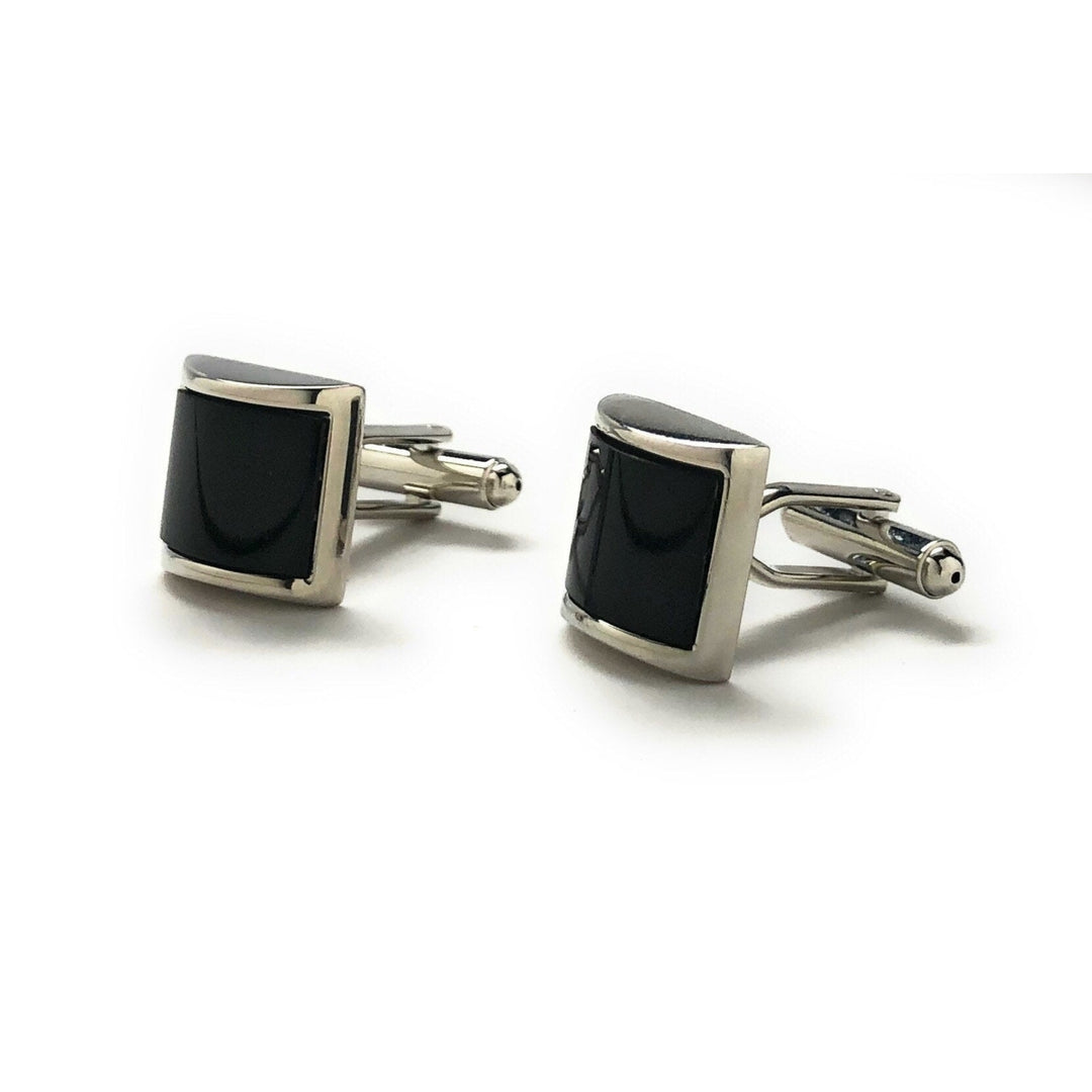 Mens Cufflinks Black Agate Silver Tone Stripe Big Curved Dome Shaped Designer Cut Silver Cuff Links Comes with Gift Box Image 4