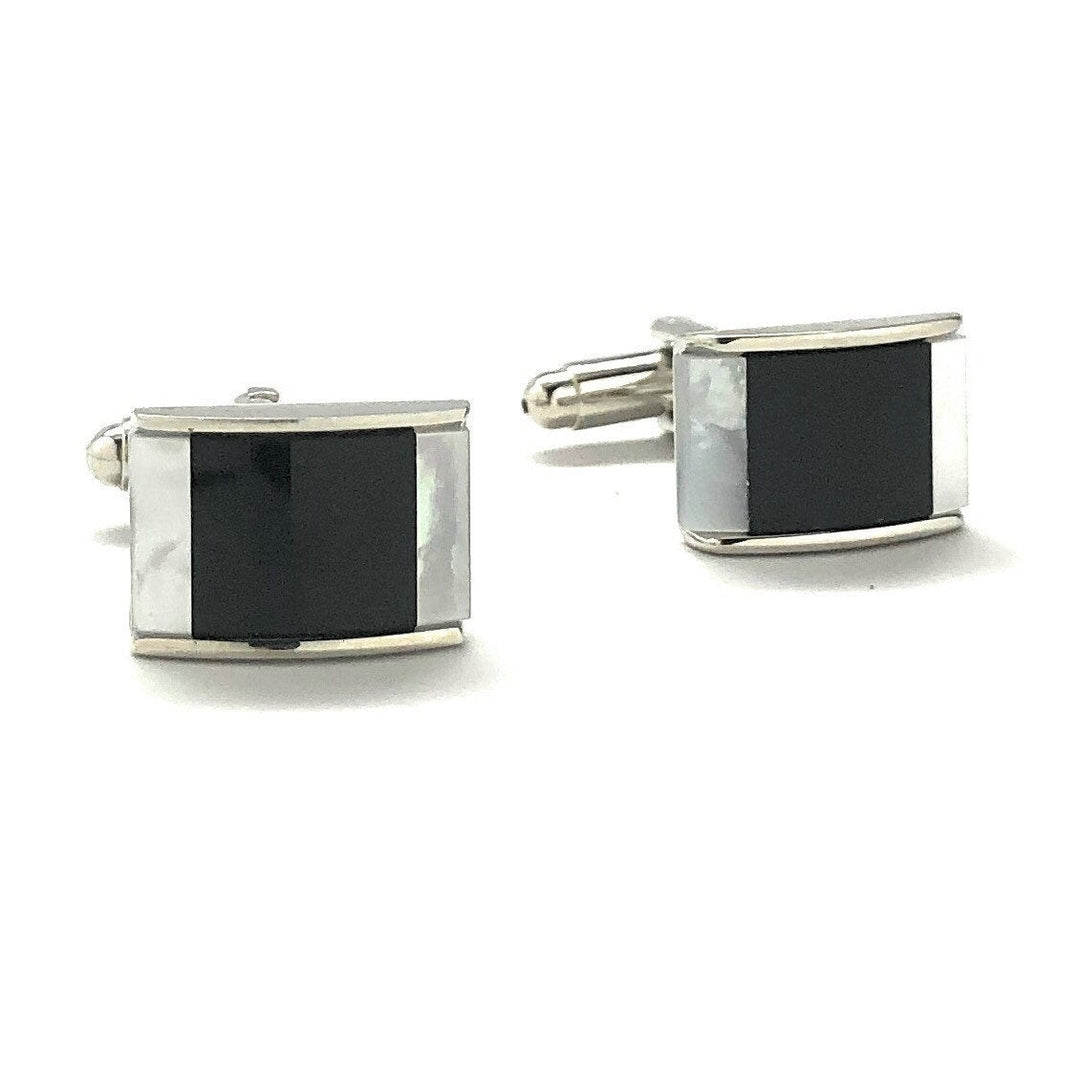 Mens Cufflinks Black Agate Mother of Pearl Twin Stripe Designer Cut Silver Cuff Links Comes with Gift Box Image 1