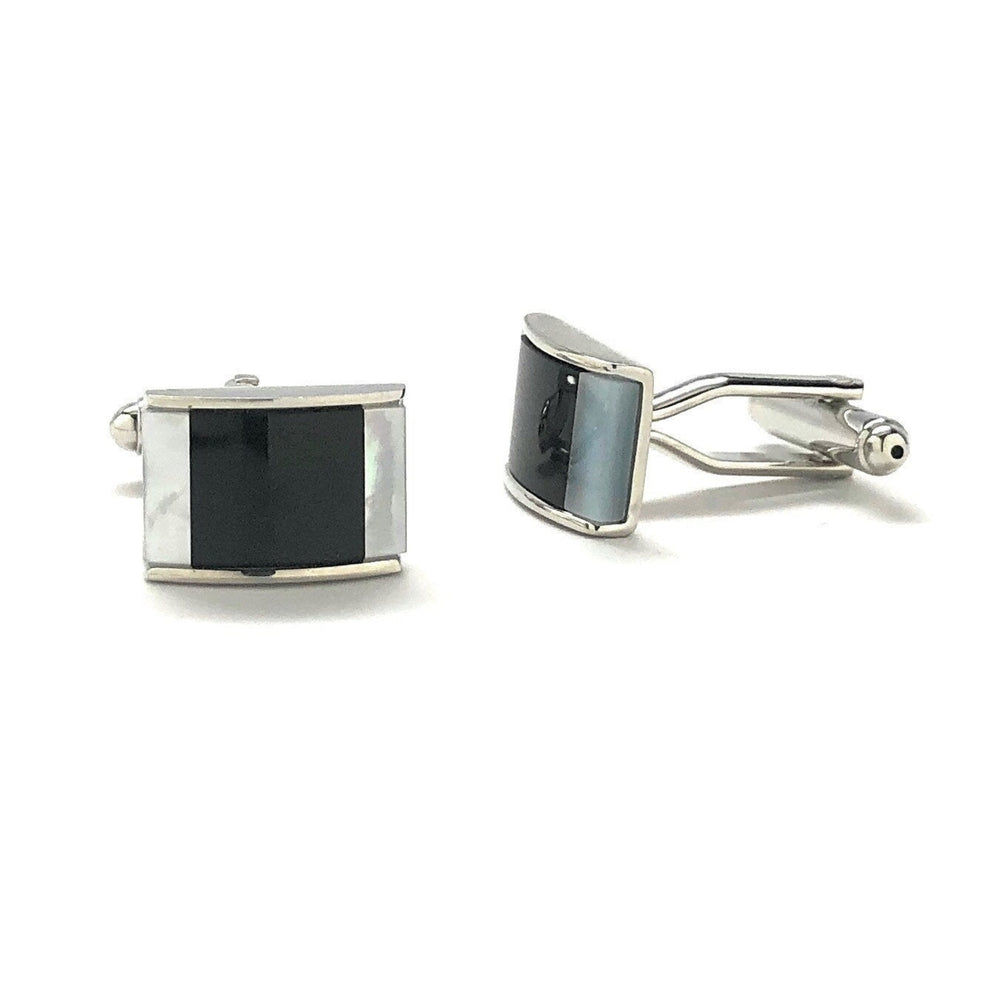 Mens Cufflinks Black Agate Mother of Pearl Twin Stripe Designer Cut Silver Cuff Links Comes with Gift Box Image 2