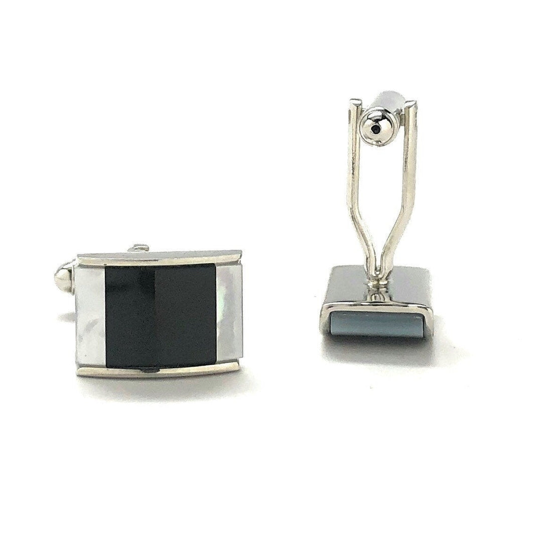 Mens Cufflinks Black Agate Mother of Pearl Twin Stripe Designer Cut Silver Cuff Links Comes with Gift Box Image 3
