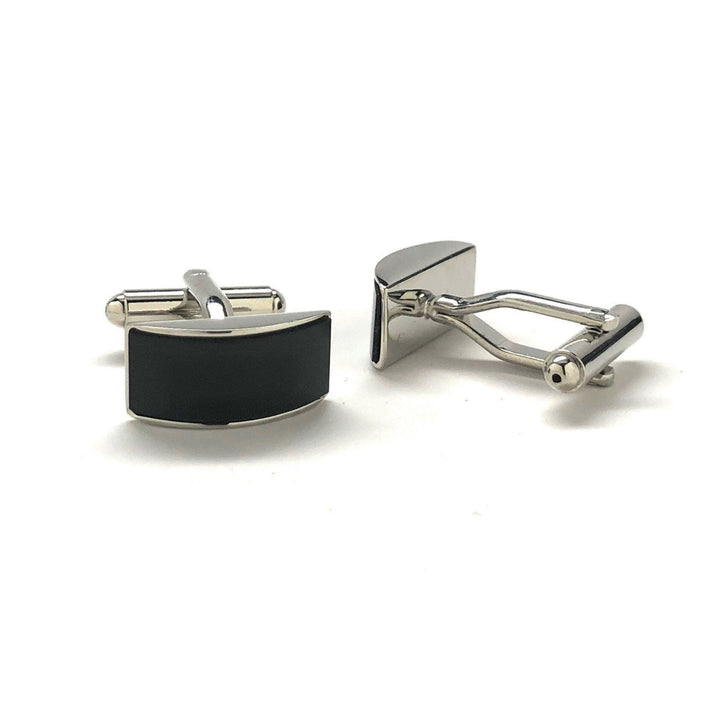 Mens Cufflinks Black Agate Silver Tone Stripe Curved Dome Shaped Designer Cut Silver Cuff Links Comes with Gift Box Image 3