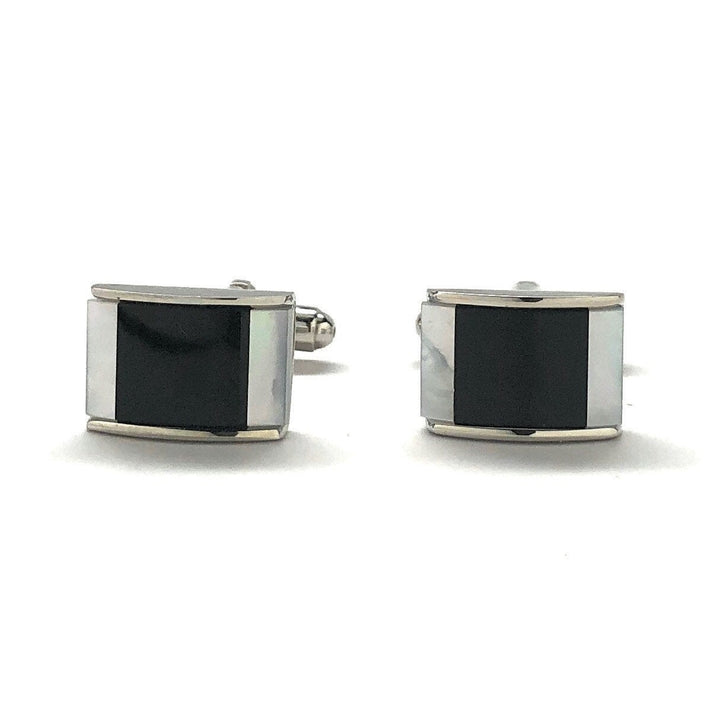 Mens Cufflinks Black Agate Mother of Pearl Twin Stripe Designer Cut Silver Cuff Links Comes with Gift Box Image 4