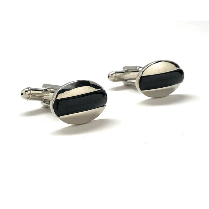 Mens Cufflinks Black Agate Silver Tone Stripe Dome Shaped Designer Cut Silver Cuff Links Comes with Gift Box Image 1
