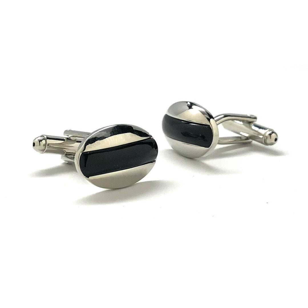 Mens Cufflinks Black Agate Silver Tone Stripe Dome Shaped Designer Cut Silver Cuff Links Comes with Gift Box Image 2