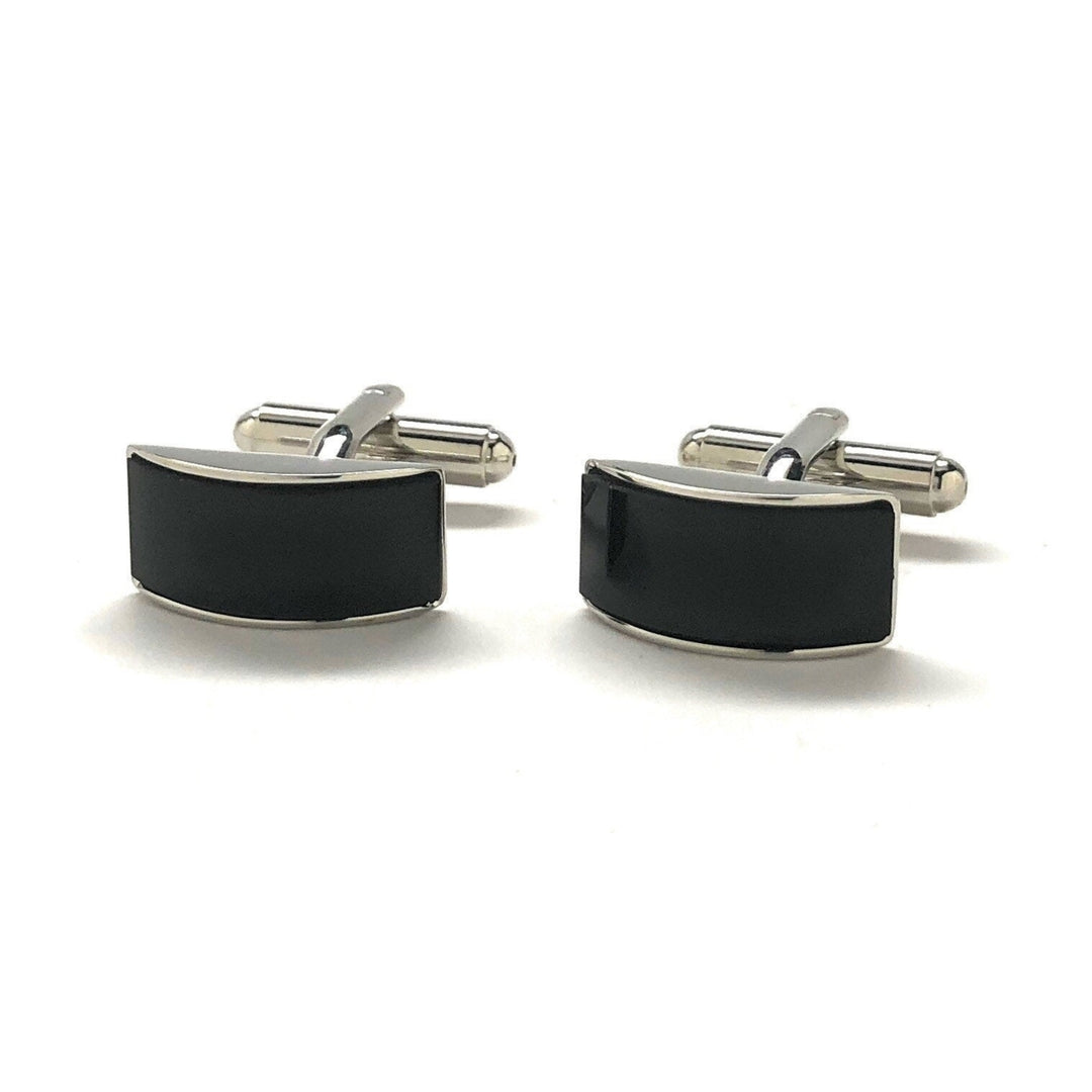 Mens Cufflinks Black Agate Silver Tone Stripe Curved Dome Shaped Designer Cut Silver Cuff Links Comes with Gift Box Image 4