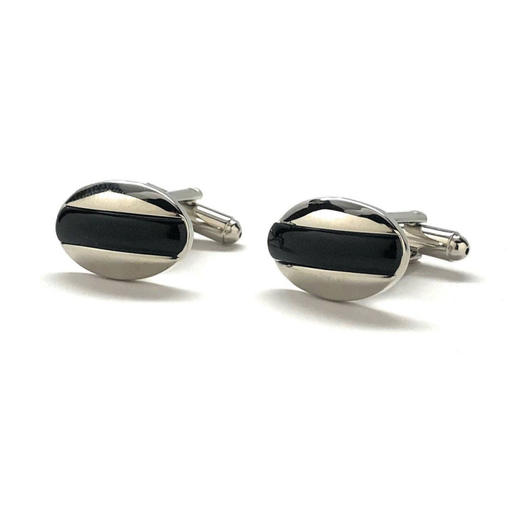 Mens Cufflinks Black Agate Silver Tone Stripe Dome Shaped Designer Cut Silver Cuff Links Comes with Gift Box Image 4