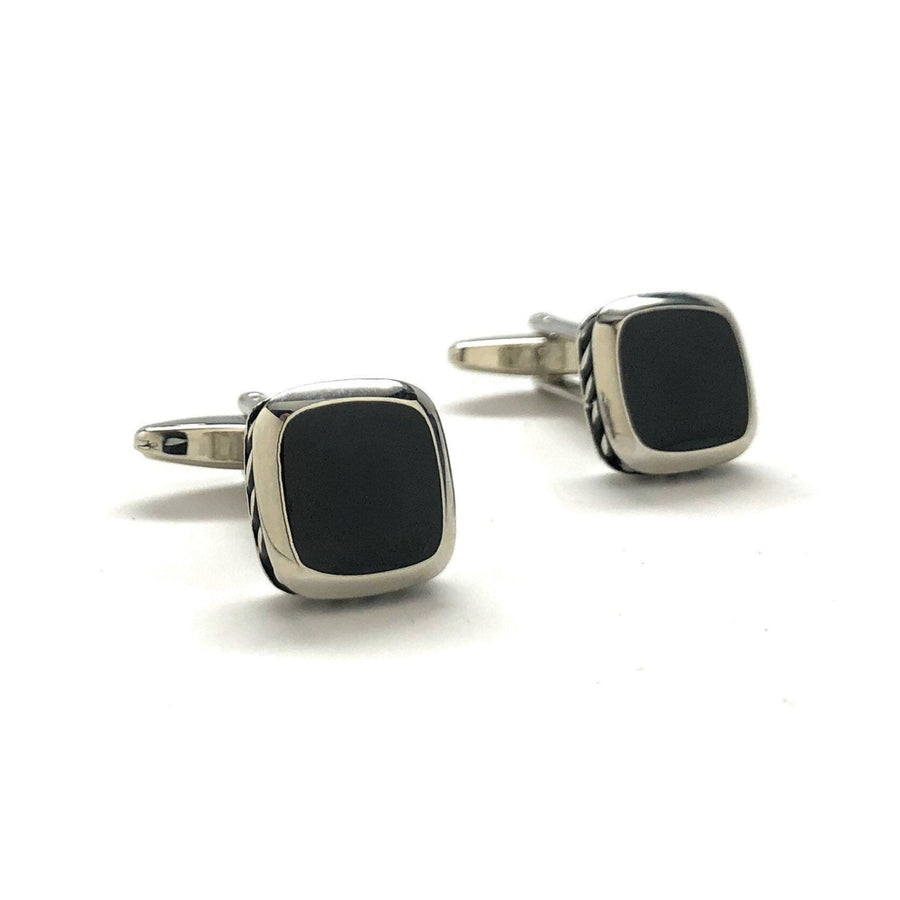 Mens Cufflinks Roman Slant Pillar Shiny Silver Tone with Black Agate Stine Cuff Links Comes with Gift Box Image 1