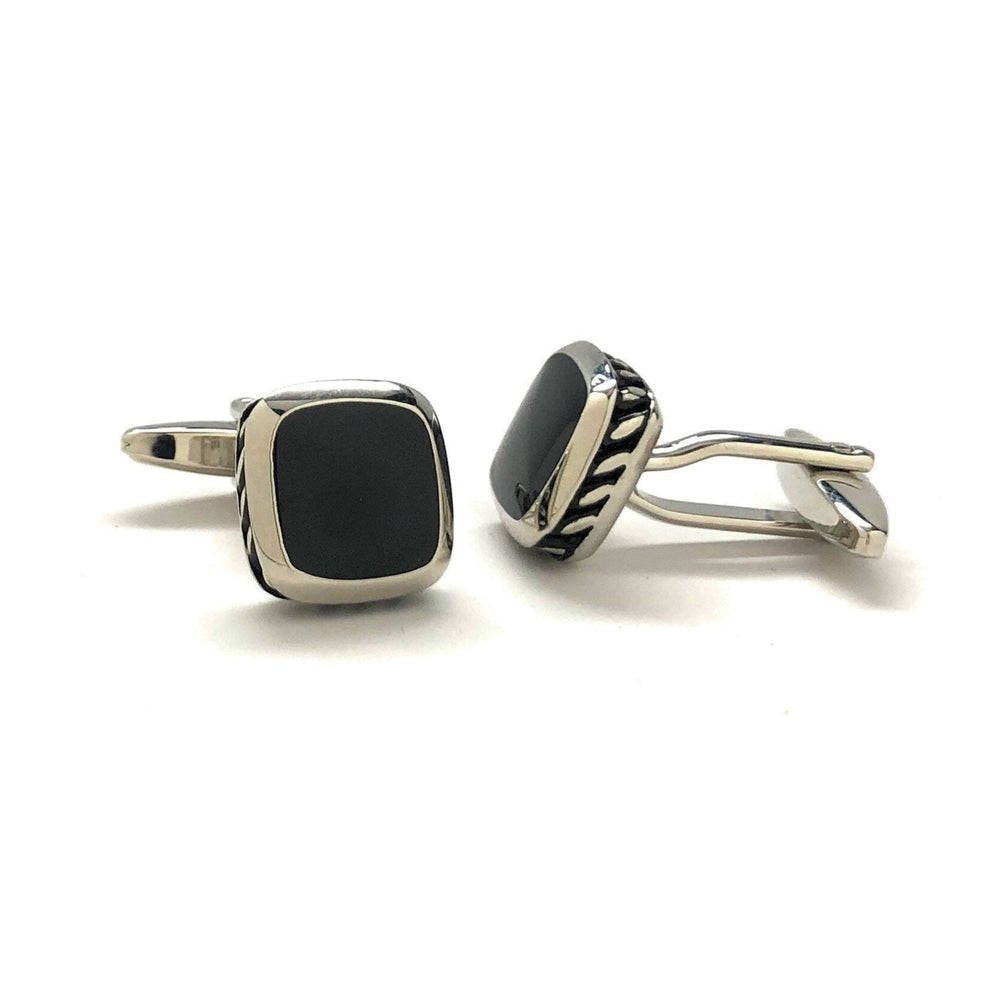 Mens Cufflinks Roman Slant Pillar Shiny Silver Tone with Black Agate Stine Cuff Links Comes with Gift Box Image 2