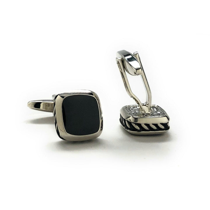 Mens Cufflinks Roman Slant Pillar Shiny Silver Tone with Black Agate Stine Cuff Links Comes with Gift Box Image 3
