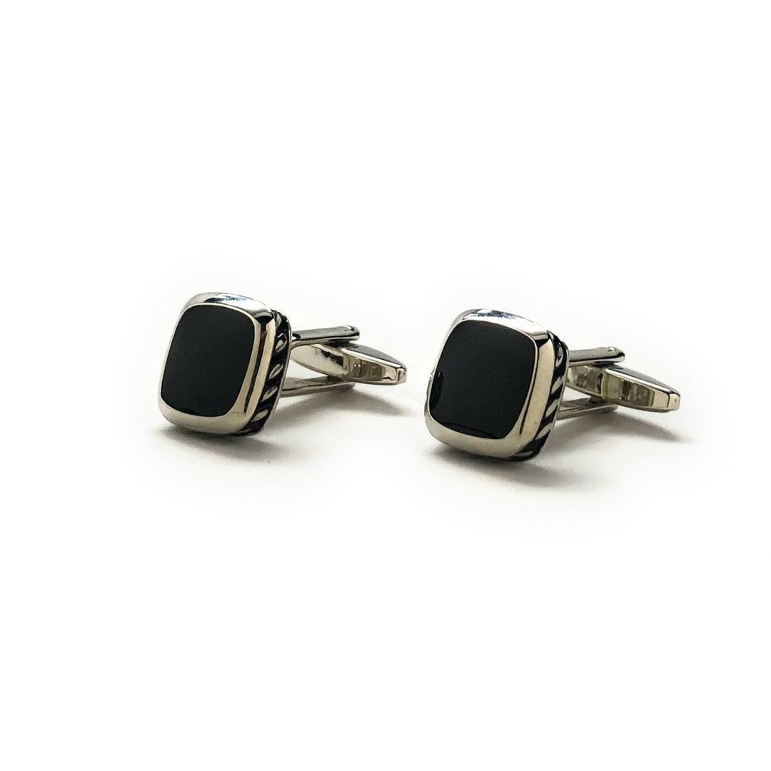 Mens Cufflinks Roman Slant Pillar Shiny Silver Tone with Black Agate Stine Cuff Links Comes with Gift Box Image 4