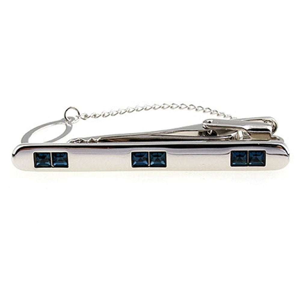 Silver with Repeating Ocean Blue Crystal Tie Clip with Button Chain Tie Bar Silver Tone Very Cool Comes with Gift Box Image 2