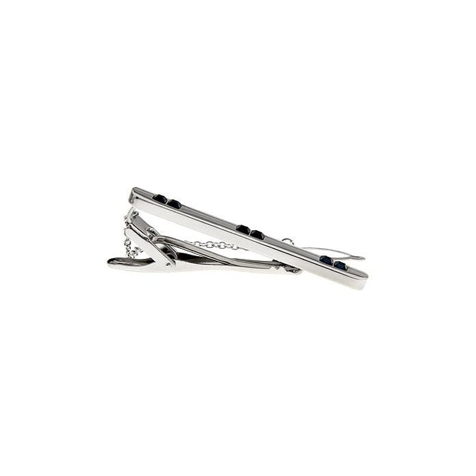 Silver with Repeating Ocean Blue Crystal Tie Clip with Button Chain Tie Bar Silver Tone Very Cool Comes with Gift Box Image 3