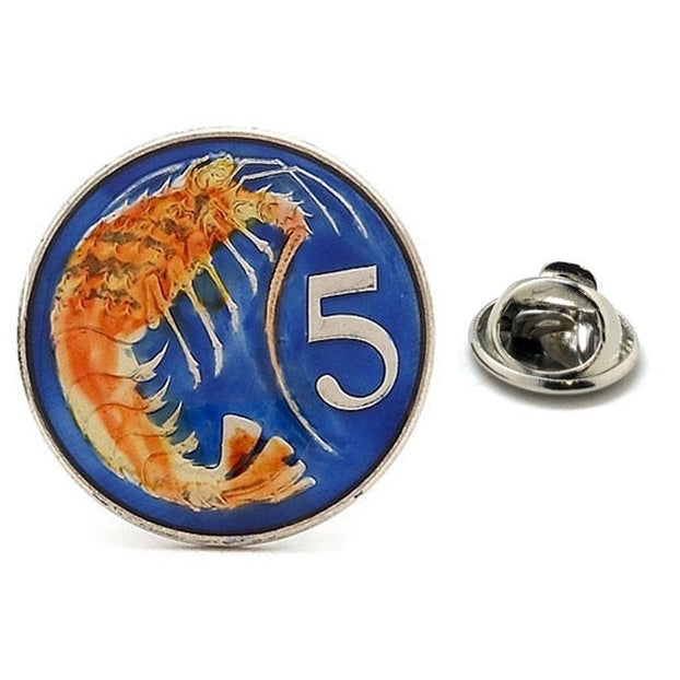 Enamel Pin Cayman Island 5 Cent Enamel Coin Shrimp Lapel Pin Tie Tack Collector Pin Royal Common Wealth Travel Souvenir Image 1