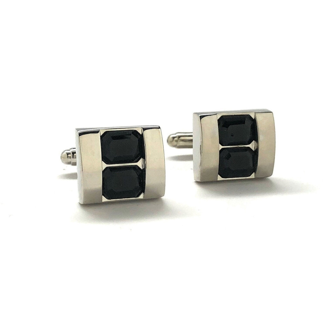 Double Stacking Black Crystal Cufflinks Silver Tone  Professional Design Classy Look Cool Cuff Links Comes with Gift Box Image 1