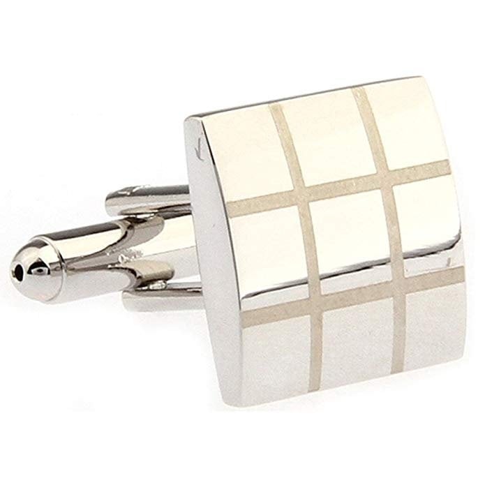 Thick Silver Tone Block with Etched Grid Classic French Cuff Cufflinks Cuff Links Wedding Valentines Day Gift Image 1