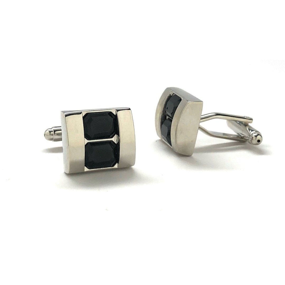 Double Stacking Black Crystal Cufflinks Silver Tone  Professional Design Classy Look Cool Cuff Links Comes with Gift Box Image 2
