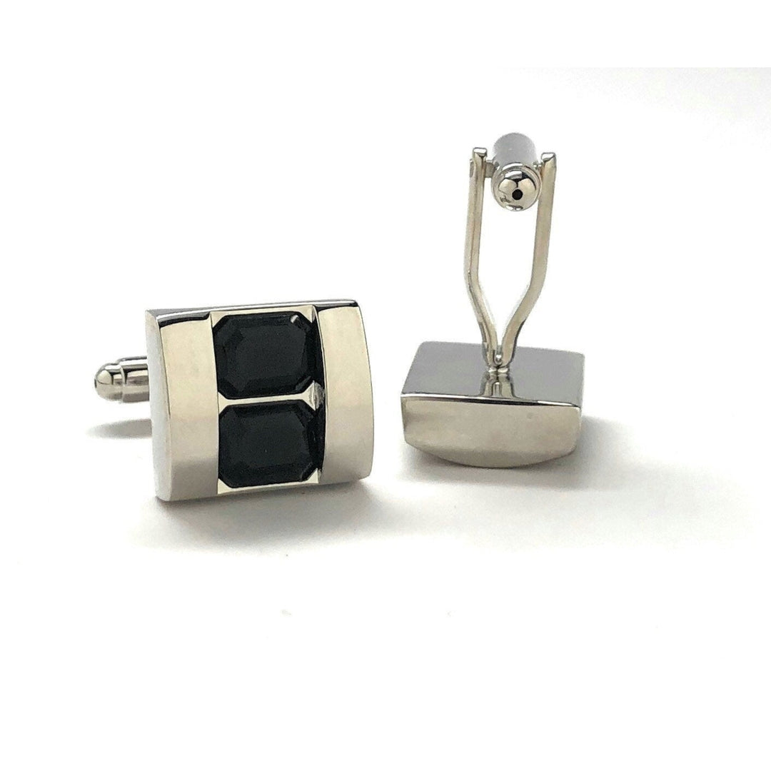 Double Stacking Black Crystal Cufflinks Silver Tone  Professional Design Classy Look Cool Cuff Links Comes with Gift Box Image 3