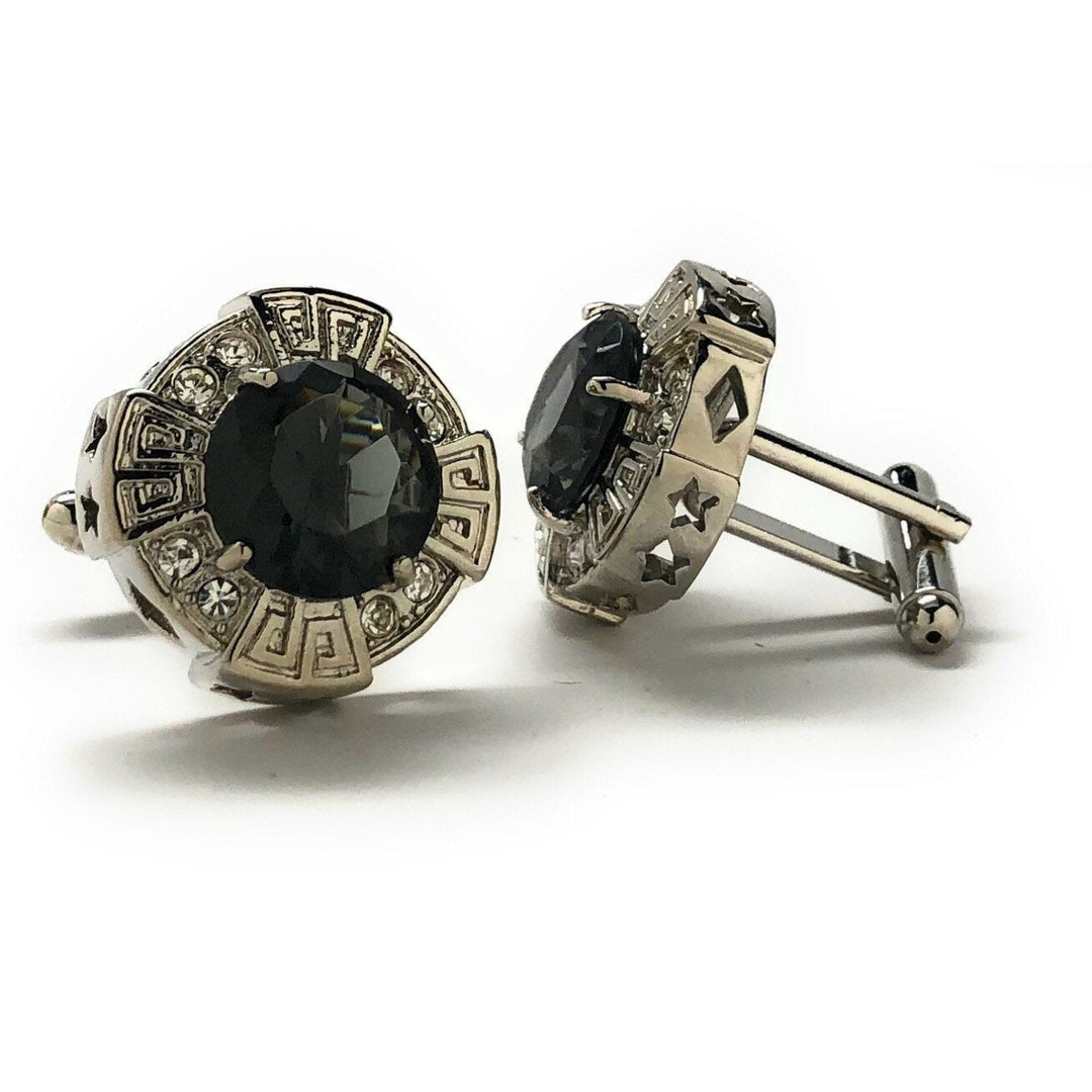 Royal Cut Dark Midnight Black Crystal Cufflinks Silver Tone Star Diamonds Cut Accents Cool Cuff Links Comes with Gift Image 2