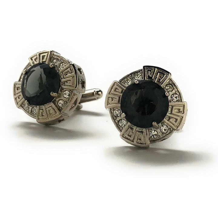 Royal Cut Dark Midnight Black Crystal Cufflinks Silver Tone Star Diamonds Cut Accents Cool Cuff Links Comes with Gift Image 4