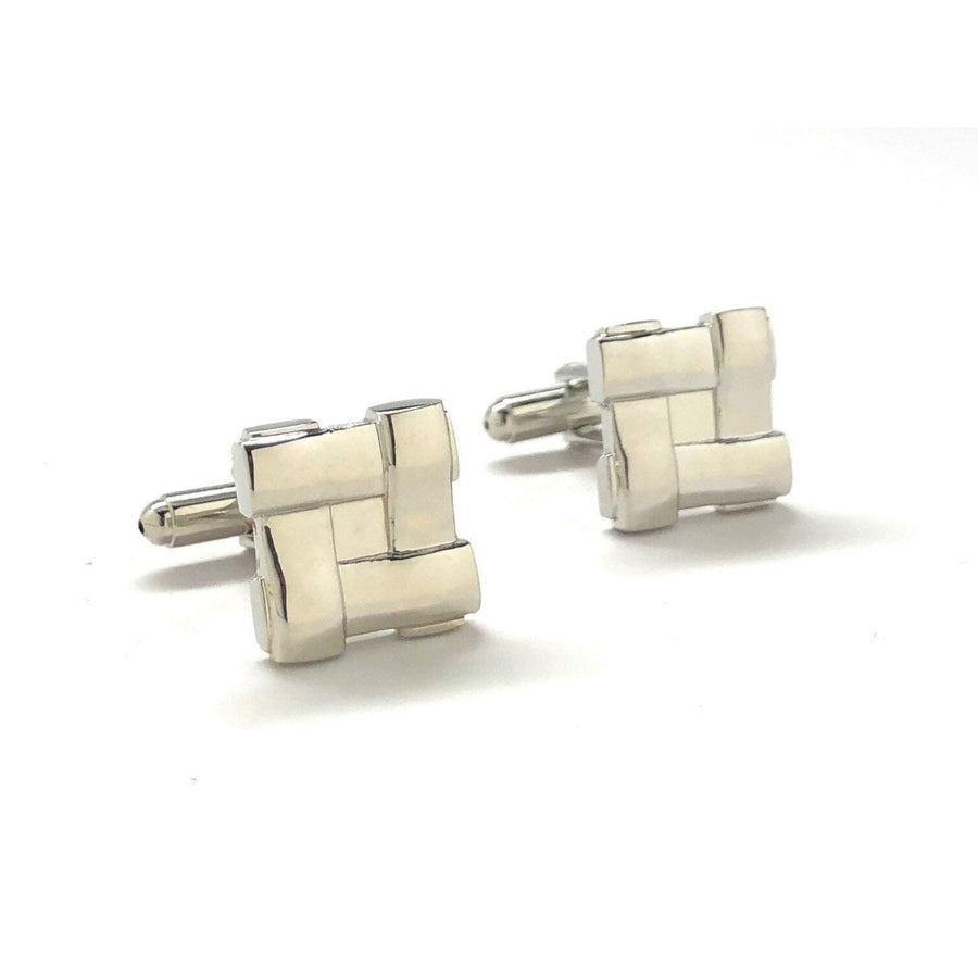Silver Block Weave Cufflinks Shiny Silver Tone Raised Detail Cuff Links Comes with Gift Box Image 1